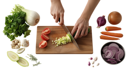 Hands Chopping Fresh Zucchini and Vegetables on Cutting Board, Isolated on Transparent Background