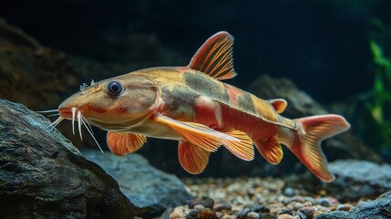 A beautifully patterned fish with striking coloration swims gracefully through an aquatic environment, showcasing its unique characteristics and aquatic habitat.
