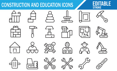 Vector Icons for Building and Education, Outline Style.