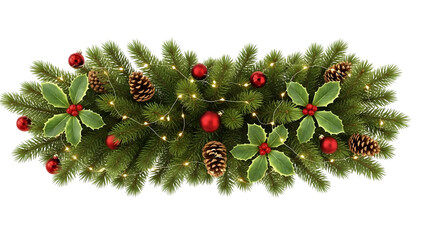Realistic Christmas garland border with red and gold ornaments, festive pine decoration PNG isolated on white background
