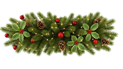 Realistic Christmas garland border with red and gold ornaments, festive pine decoration PNG isolated on white background