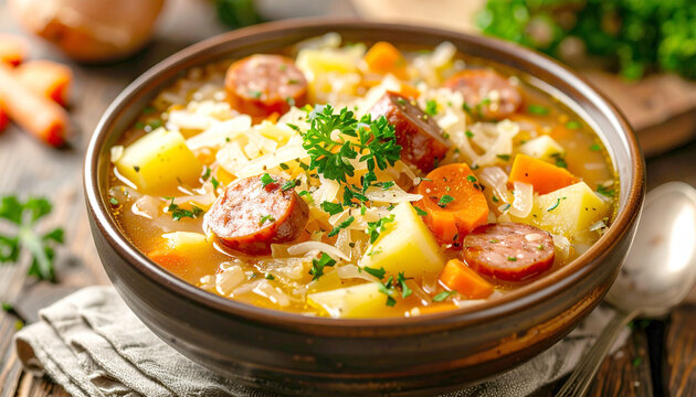 German sauerkraut soup with kielbasa, potatoes, carrots and onions.