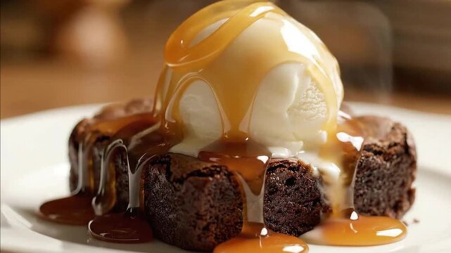 Decadent warm chocolate brownie topped with vanilla ice cream and rich caramel sauce dessert