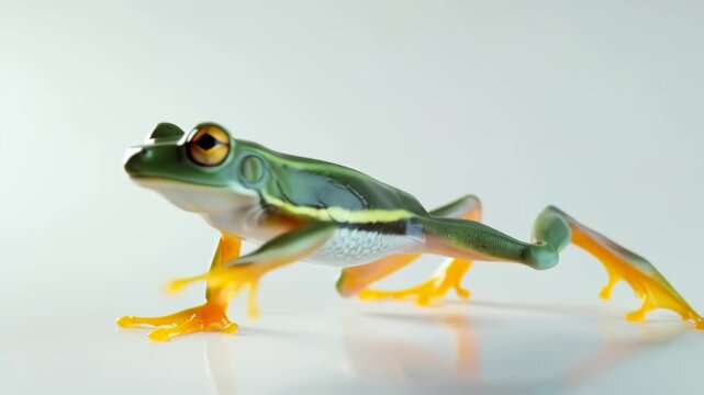 Green frog posing in three sequential shots. Amphibian animal with orange feet and yellow eyes on white surface. Nature, wildlife, and natural habitat concept.