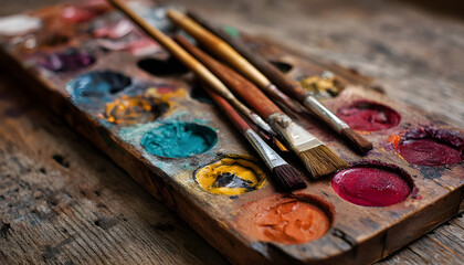 Obraz premium Close-up video of a colorful artist's palette with vibrant paints and brushes on a rustic wooden table, captured from a top-down angle.