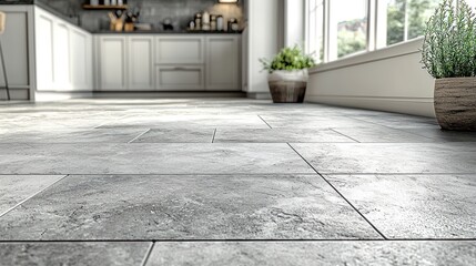 Modern kitchen grey floor tiles, sunlight, plants, design