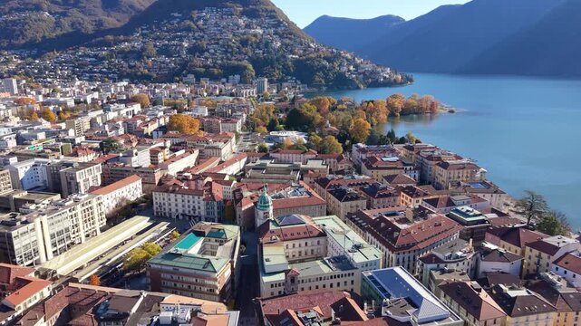 Lugano city aerial view with Lake Lugano and surrounding mountains Monte Br&egrave;. Lugano, Canton of Ticino, Switzerland.
