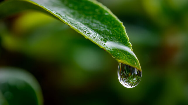 ingle water drop dripping from green leaf tip