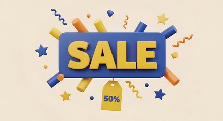 Vibrant sale advertisement with colorful graphics and 50 off discount tag
