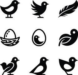 A collection of black silhouette icons representing birds, nests, eggs, and feathers