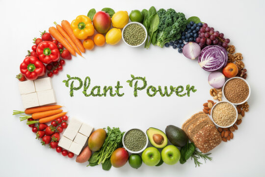 Vibrant oval arrangement of healthy plant-based foods spelling out 'Plant Power' - Powered by Adobe