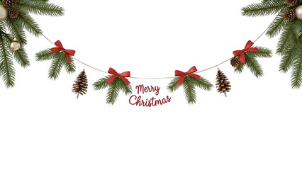 Christmas garland border with red and gold ornaments, pine cones, red ribbon bow and Merry Christmas text, realistic pine branch winter frame vector isolated on white background