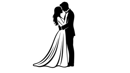 Silhouette of a loving bride and groom couple dancing in their wedding dress and gown