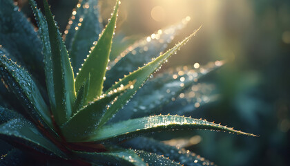 Fototapeta premium A closeup of a green aloe vera plant with water droplets on its leaves. The plant is illuminated by a soft, warm light source, creating a serene and tranquil atmosphere