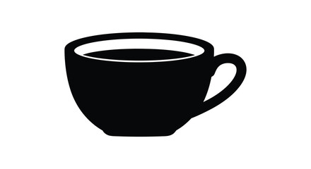 A simple black and white illustration of a full coffee cup presented as a silhouette