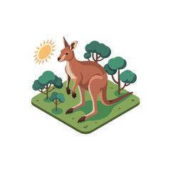 Cute cartoon kangaroo with baby in a forest nature illustration Isometric icons