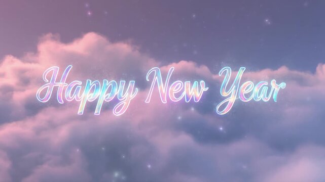 Happy New Year greeting written in a shimmering iridescent font hovering over a pastel sky filled with soft, ethereal clouds and subtle sparkling lights
