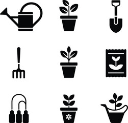 Black and white set of icons representing various gardening tools and plant growing elements