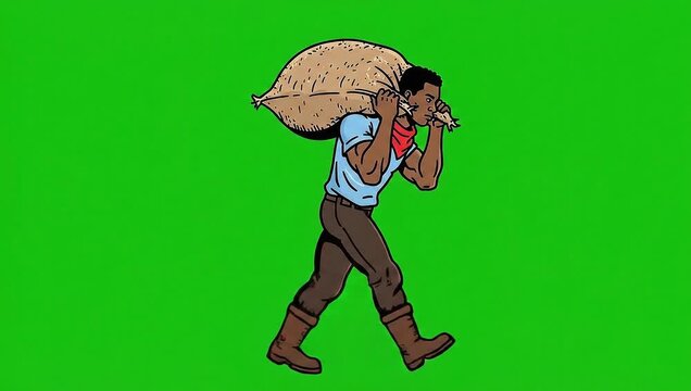 Farmer carrying a sack of grains on his back, vector animation green screen video