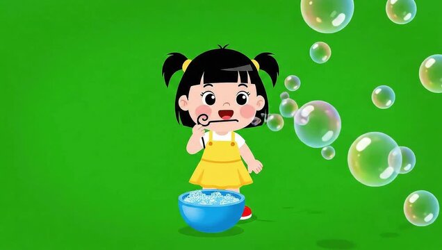 Kid blowing soap bubbles using homemade stick  vector animation  green screen video