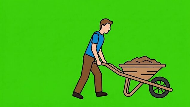 Man pushing a wooden wheelbarrow vector animation green screen video