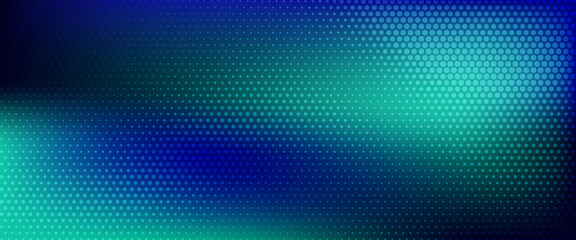 halftone with blue-green gradient, abstract background pattern, neon light reflecting walls and floor, dark colors,