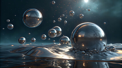 3d-render-of-floating-metallic-spheres-and-liquid