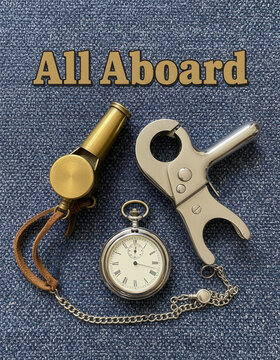 Vintage Nautical and Travel Essentials All Aboard Pocket Watch and Whistle Set