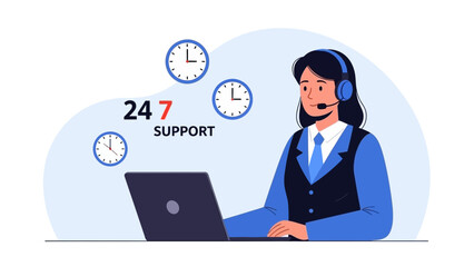 Illustration of a dedicated customer service representative offering 24/7 online support, symbolizing round-the-clock assistance and client care