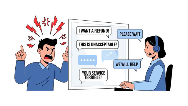 Customer service representative dealing with angry customer's complaints via online chat