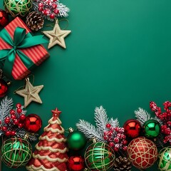 Christmas ornaments and decorations on green background