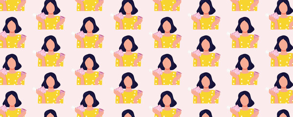 Seamless women’s health pattern about menstruation with woman holding sanitary pad and menstrual cup, period care choice illustration © Anastasiia Bublyk