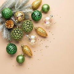 Christmas Ornaments Green and Gold Decorative Arrangement