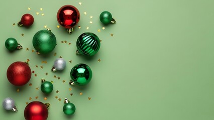 christmas ornaments on green background with stars