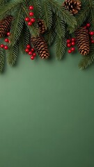 christmas tree branches with pine cones and red berries