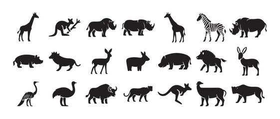 Set of african savannah animals flat icons including giraffe kangaroo rhino zebra warthog kudu and baboon