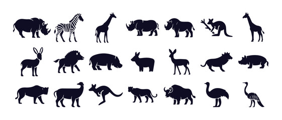 Collection of wild african and australian animals flat icons including rhino zebra giraffe and kangaroo