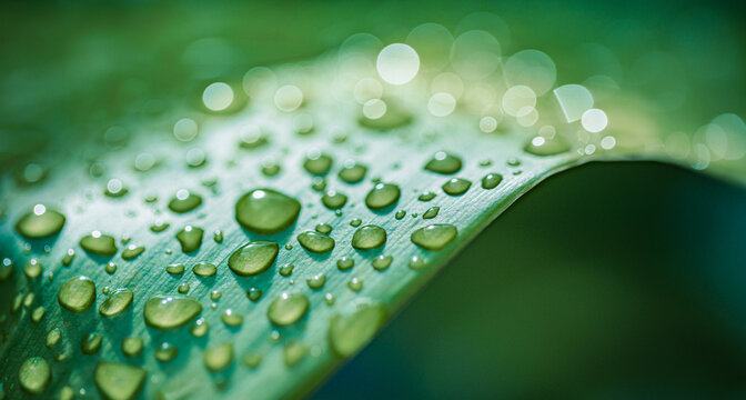 Beautiful details of nature. Morning dew drops on fresh green leaf. Summer nature macro pattern, fresh rain drops on green leaf. Peaceful tranquil ecology Beauty in nature. Relaxing soft blue green