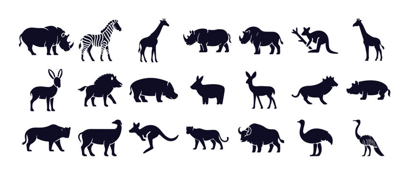 Collection of wild african and australian animals flat icons including rhino zebra giraffe and kangaroo