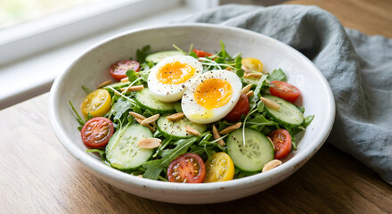 Fresh vegetable and boiled egg salad with cherry tomatoes and cucumber slices for healthy eating and nutritious meal