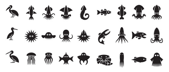 Wide set of ocean and marine life icons including squid fish jellyfish octopus and crab simple aquatic fauna © MD.RAHIM