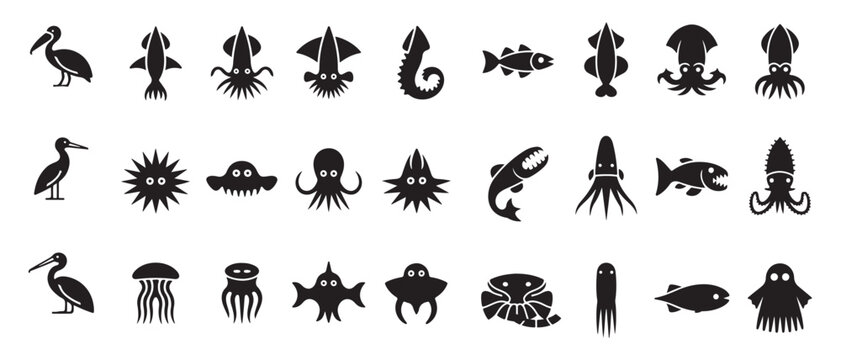 Wide set of ocean and marine life icons including squid fish jellyfish octopus and crab simple aquatic fauna