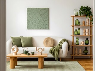 Modern living room interior design with white sofa, wooden coffee table, and green accents