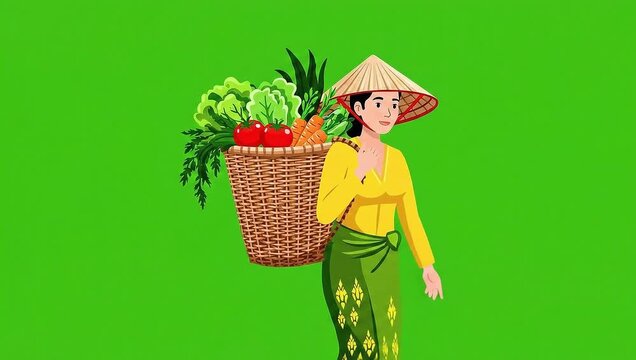 Village woman carrying fresh vegetables in a wicker basket vector green screen animation