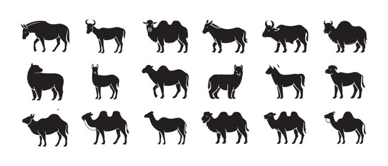 Obraz premium Ruminant and camelid mammals silhouettes set featuring horned animals humpbacks and woolly coats icons