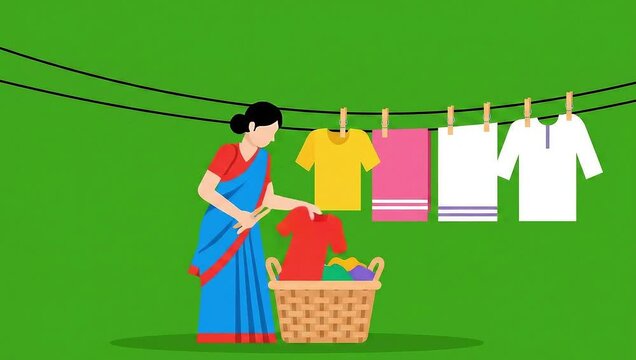 Village woman tying clothes on  clothesline vector green screen animation