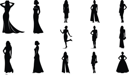 Elegant women fashion silhouettes set with stylish female poses, dresses, gowns, modern outfits, black isolated vector collection