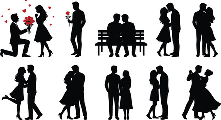 Romantic couple silhouette set with proposal kissing hugging dancing and dating moments isolated on white background vector illustration