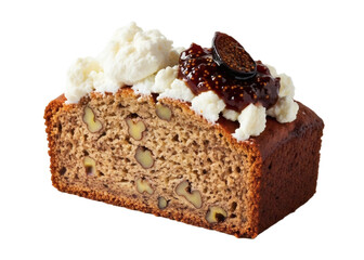A delicious slice of walnut cake topped with cream and fig jam on a black background