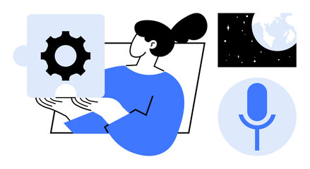 Problem-solving, collaboration, innovation, communication, technology, global connection. Woman holding puzzle piece with gear, microphone icon Earth in space. Problem-solving and communication